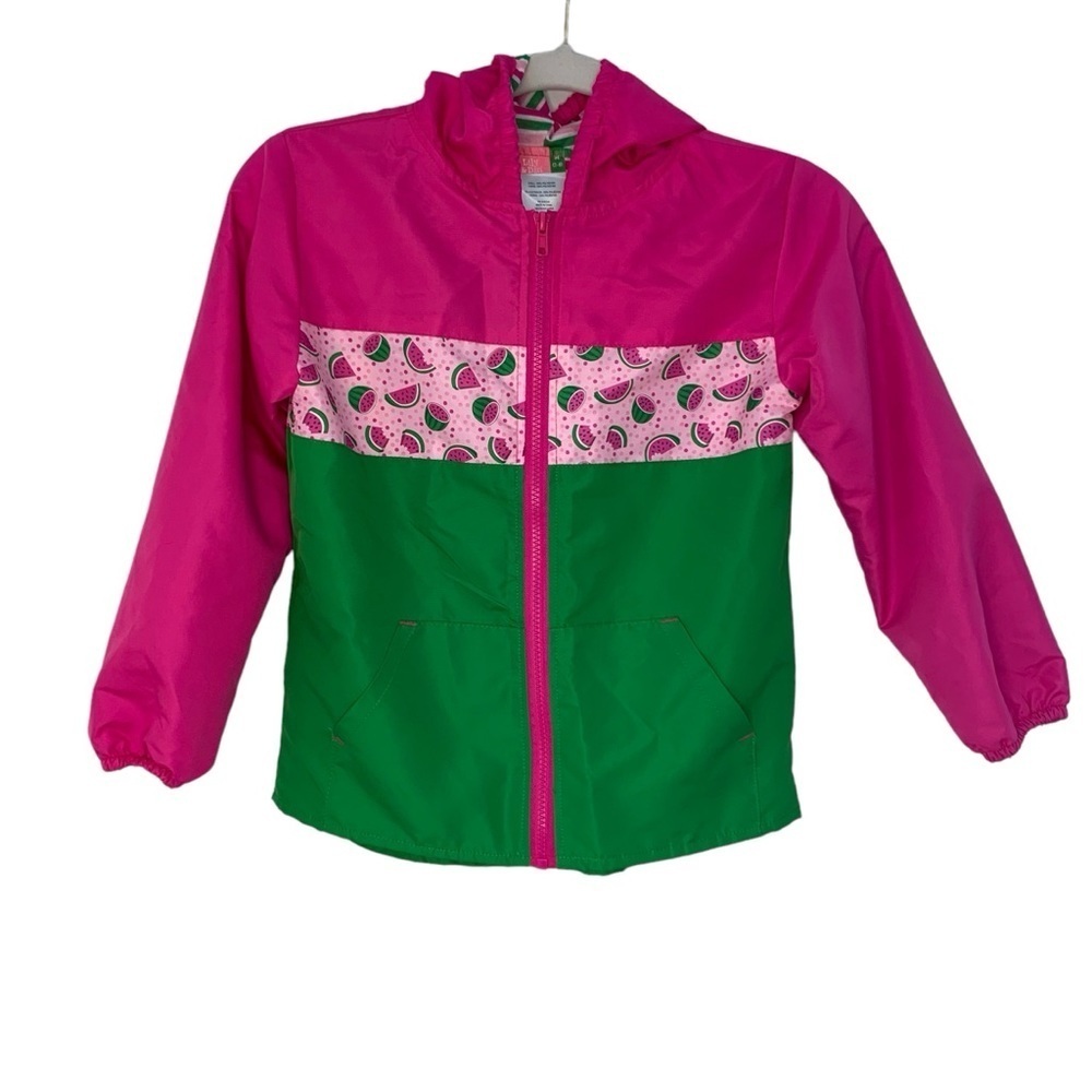 Lily & Dan hot pink and green hooded zipper rain/wind breaker jacket. Size 7-8